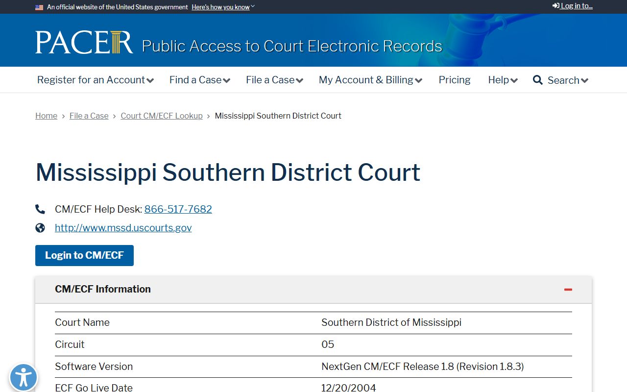 PACER court lookup used to find Lawrence County federal court dockets in the Southern District of Mississippi