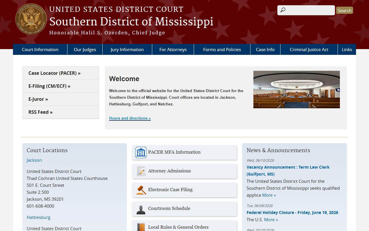 U.S. District Court Southern District of Mississippi, the federal court that holds Lawrence County court dockets