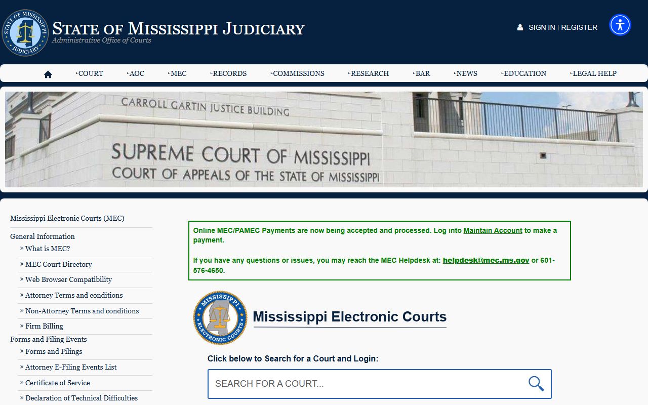 Lawrence County court records through the Mississippi Electronic Courts landing page