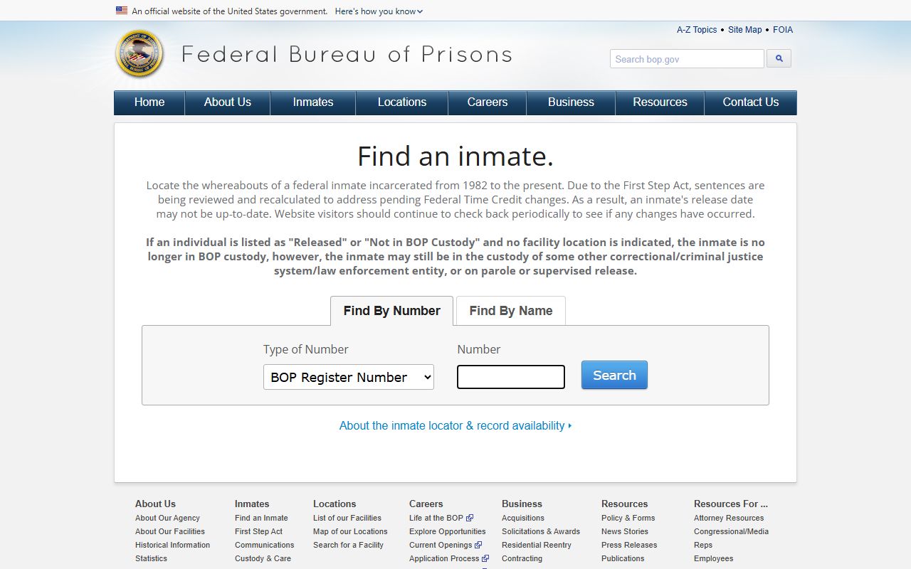 Lawrence County inmate records search through the federal Bureau of Prisons locator