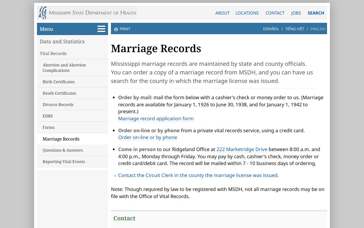 Lawrence County marriage records guidance from the Mississippi State Department of Health