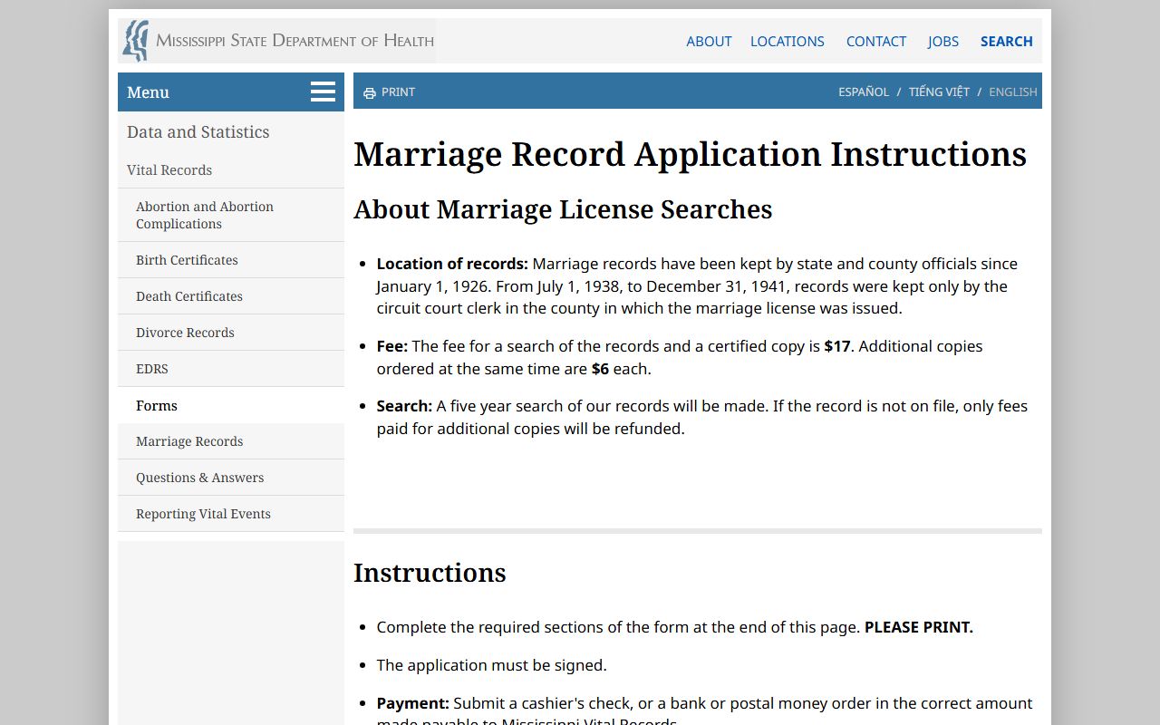 Lawrence County marriage license application instructions from Mississippi vital records