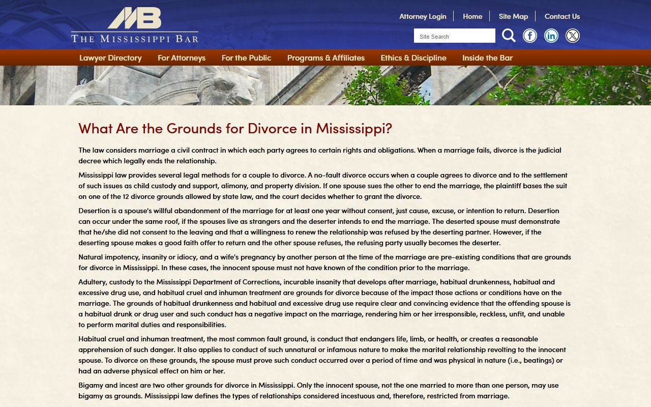 Lawrence County divorce records guidance from the Mississippi Bar grounds-for-divorce guide
